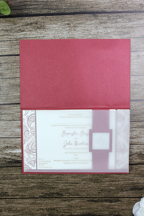 Load image into Gallery viewer, HW018 Indian design red wedding card letterpressed gold paisley
