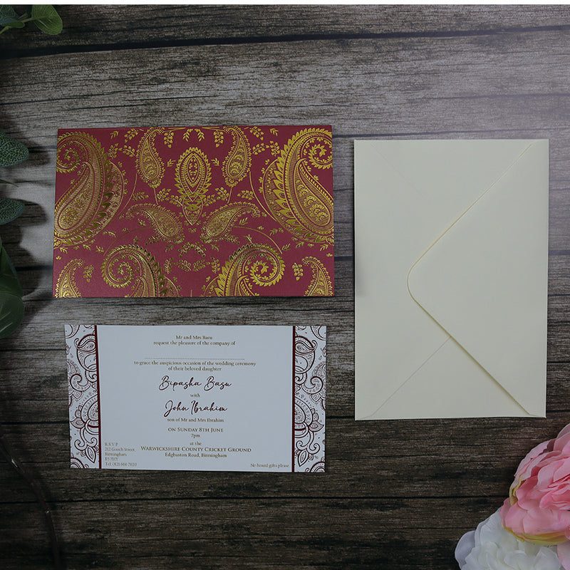 HW018 Indian design red wedding card letterpressed gold paisley