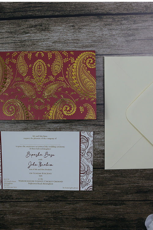 Load image into Gallery viewer, HW018 Indian design red wedding card letterpressed gold paisley
