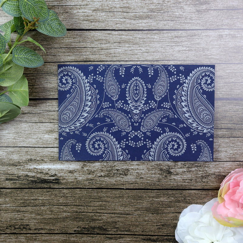 HW054 Navy Blue and silver paisley Indian invitations