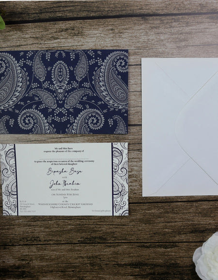 Blue & Silver Paisley Invitation W054
