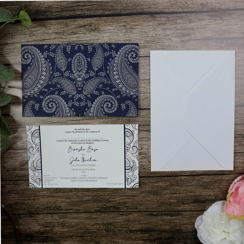 HW054 Navy Blue and silver paisley Indian invitations