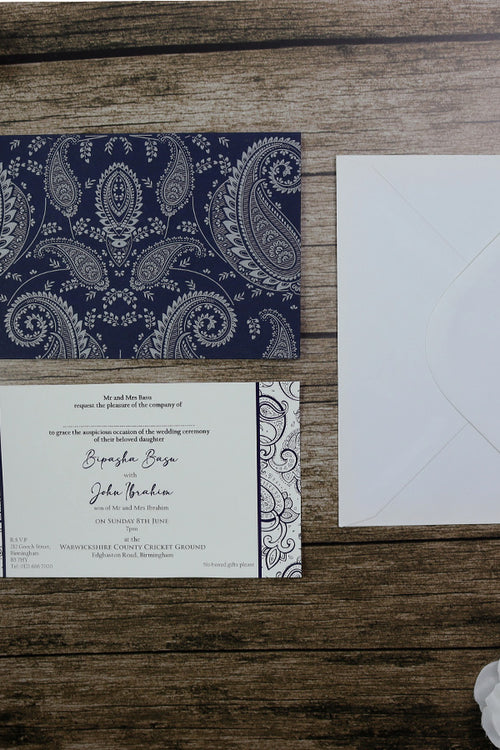 Load image into Gallery viewer, HW054 Navy Blue and silver paisley Indian invitations
