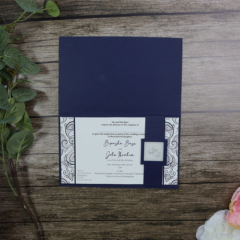 HW054 Navy Blue and silver paisley Indian invitations