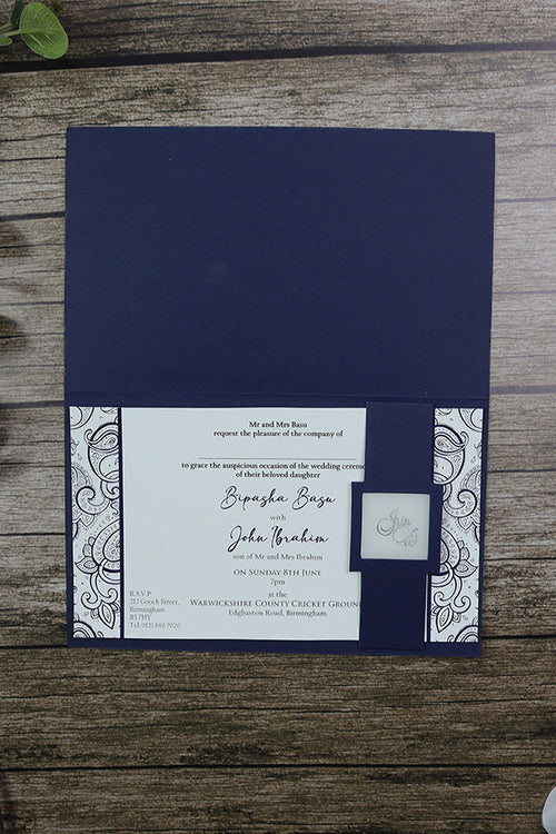 Load image into Gallery viewer, HW054 Navy Blue and silver paisley Indian invitations
