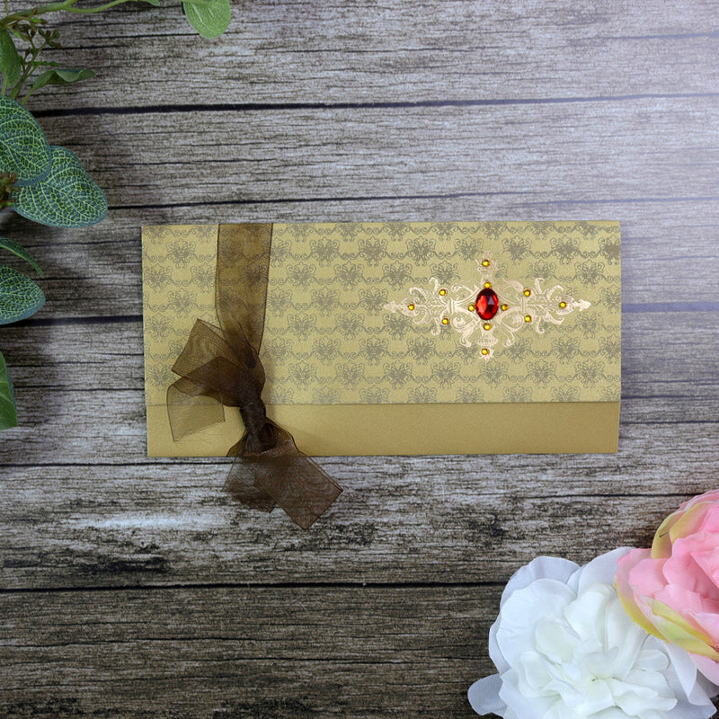 HW085 Rustic Gold Pattern Ribbon Invitation