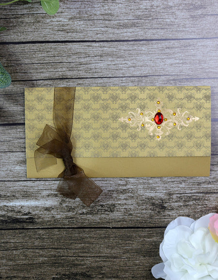 HW085 Rustic Gold Pattern Ribbon Invitation