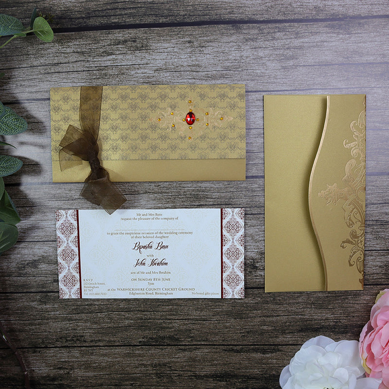 HW085 Rustic Gold Pattern Ribbon Invitation