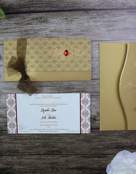 HW085 Rustic Gold Pattern Ribbon Invitation