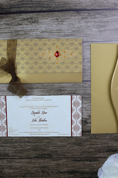 Load image into Gallery viewer, HW085 Rustic Gold Pattern Ribbon Invitation
