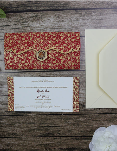 Red and Gold Floral Ganesh Hindu Wedding Card HW088