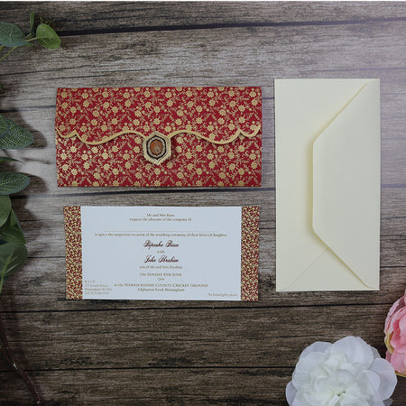 Red and Gold Floral Ganesh Hindu Wedding Card HW088