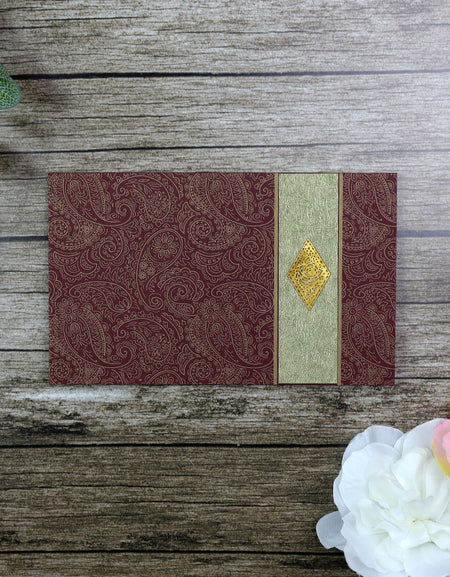 HW090 Maroon and Gold Paisley Indian Invitation design