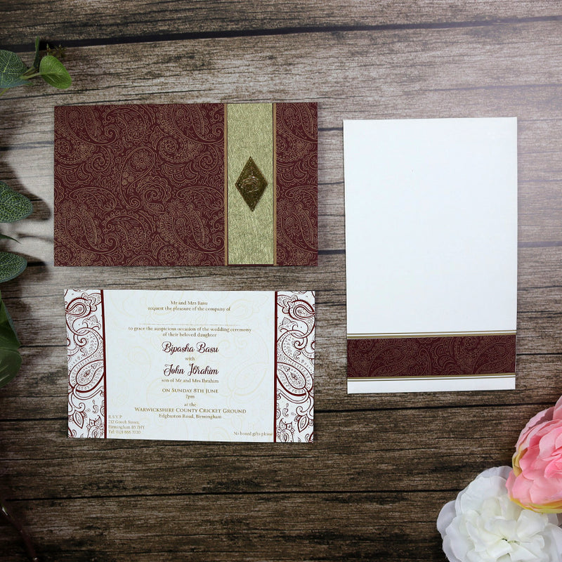 HW090 Maroon and Gold Paisley Indian Invitation design