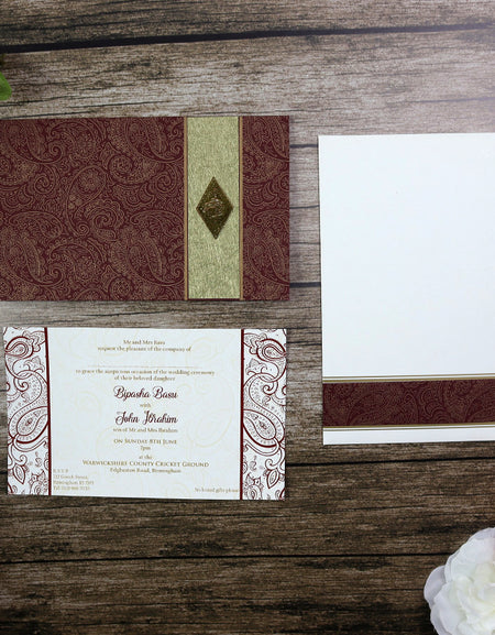HW090 Maroon and Gold Paisley Indian Invitation design