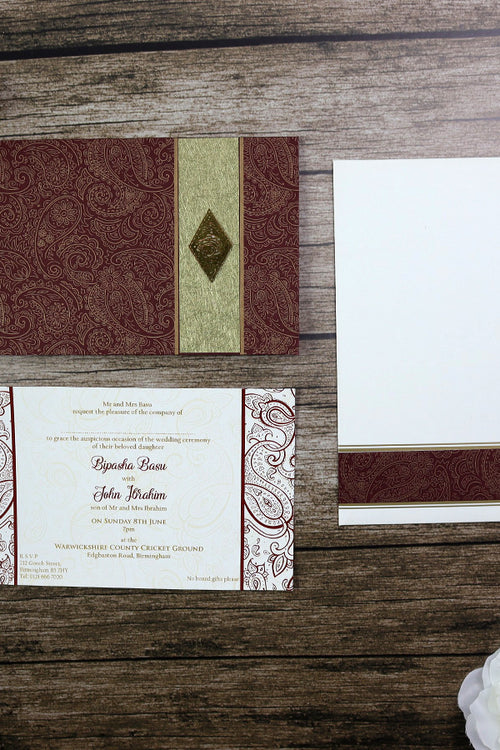 Load image into Gallery viewer, HW090 Maroon and Gold Paisley Indian Invitation design
