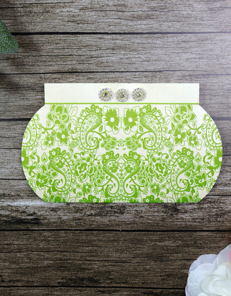 HW118 Ivory and Green Imitation purse invite