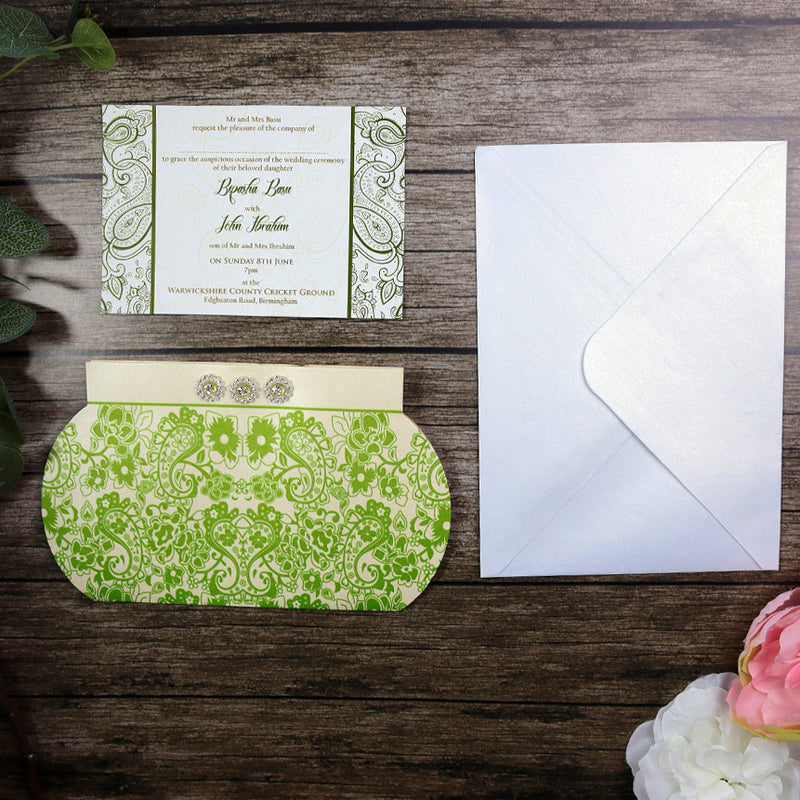 HW118 Ivory and Green Imitation purse invite