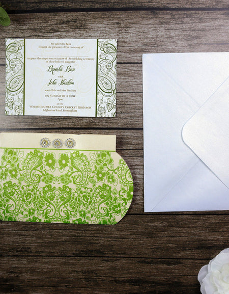 HW118 Ivory and Green Imitation purse invite
