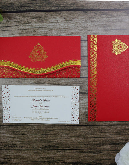 Pakistani Asian pocket wedding invitation in shimmering red pureinvitation