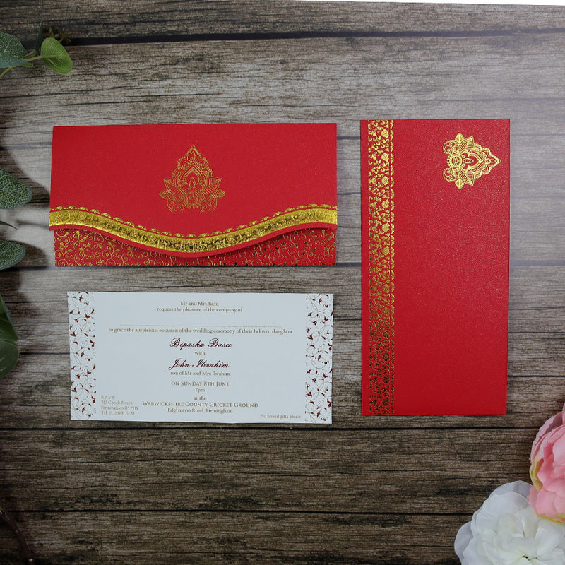 HW120 Red Iridescent Indian Pakistani Asian Pocket wedding invitation