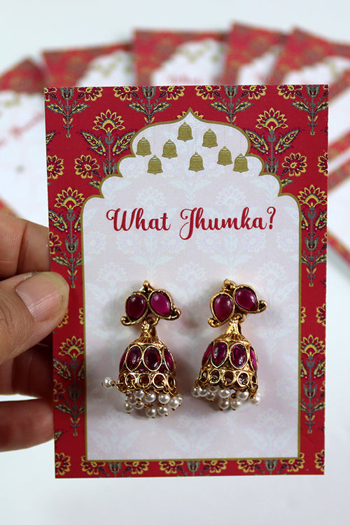 Load image into Gallery viewer, What Jhumka A7 Gift Cards | 116 Pink | Marigold Mehndi Sangeet Favor | Jhumka Earring Holder Cards | Mehndi, Sangeet &amp; Wedding Favours
