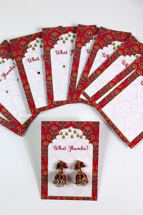 Load image into Gallery viewer, What Jhumka A7 Gift Cards | 116 Pink | Marigold Mehndi Sangeet Favor | Jhumka Earring Holder Cards | Mehndi, Sangeet &amp; Wedding Favours
