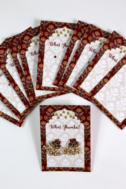 Load image into Gallery viewer, What Jhumka A7 Gift Cards | 117 Red | Marigold Mehndi Sangeet Favor | Jhumka Earring Holder Cards | Mehndi, Sangeet &amp; Wedding Favours
