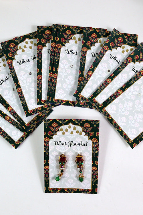 Load image into Gallery viewer, What Jhumka A7 Gift Cards | 118 Green | Marigold Mehndi Sangeet Favor | Jhumka Earring Holder Cards | Mehndi, Sangeet &amp; Wedding Favours
