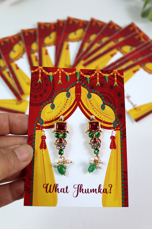 Load image into Gallery viewer, What Jhumka A7 Gift Cards | 122 Red &amp; yellow | Jhumka Earring Holder Cards | Mehndi, Sangeet &amp; Wedding Favours

