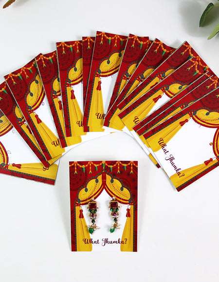 What Jhumka A7 Gift Cards | 122 Red & yellow | Jhumka Earring Holder Cards | Mehndi, Sangeet & Wedding Favours