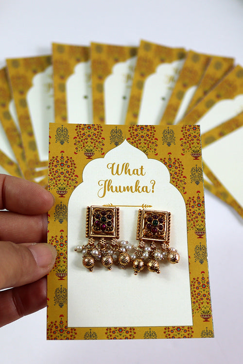 Load image into Gallery viewer, What Jhumka A7 Gift Cards | 127 Yellow | Marigold Mehndi Sangeet Favor | Jhumka Earring Holder Cards | Mehndi, Sangeet &amp; Wedding Favours
