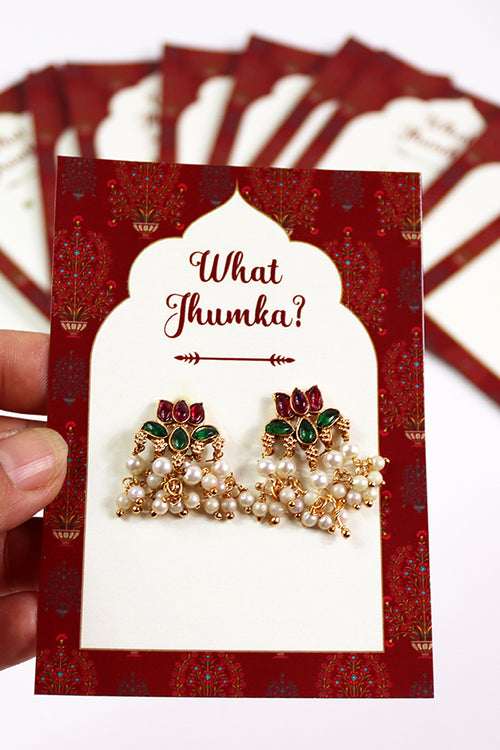 Load image into Gallery viewer, What Jhumka A7 Gift Cards | 129 Red | Marigold Mehndi Sangeet Favor | Jhumka Earring Holder Cards | Mehndi, Sangeet &amp; Wedding Favours
