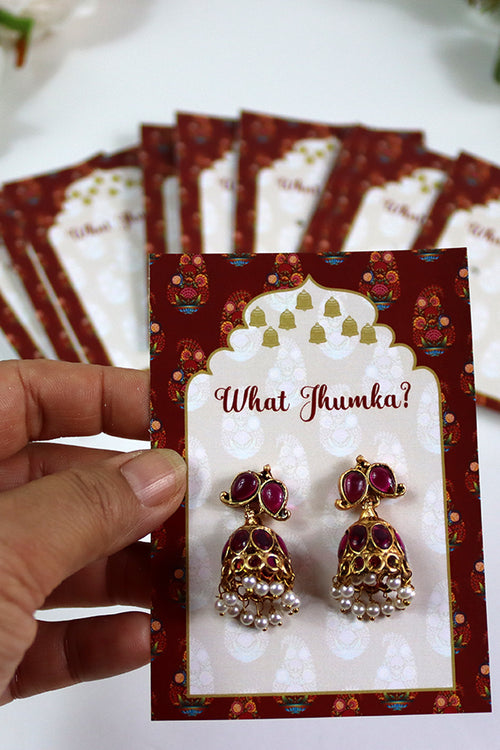 Load image into Gallery viewer, What Jhumka A7 Gift Cards | 132 Red | Marigold Mehndi Sangeet Favor | Jhumka Earring Holder Cards | Mehndi, Sangeet &amp; Wedding Favours
