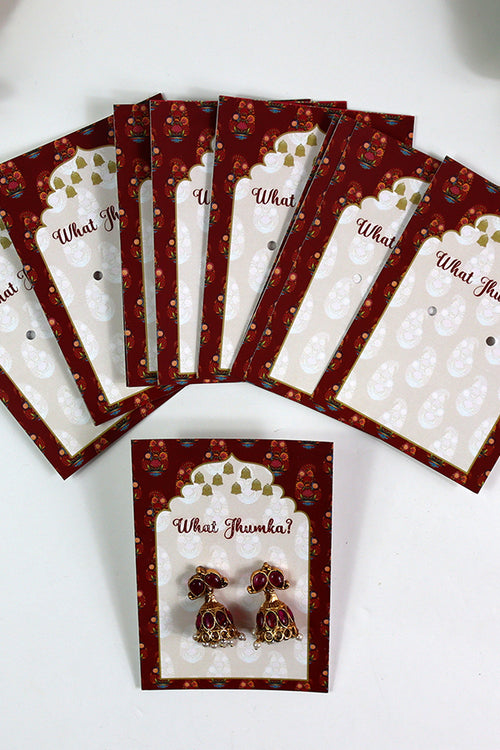 Load image into Gallery viewer, What Jhumka A7 Gift Cards | 132 Red | Marigold Mehndi Sangeet Favor | Jhumka Earring Holder Cards | Mehndi, Sangeet &amp; Wedding Favours

