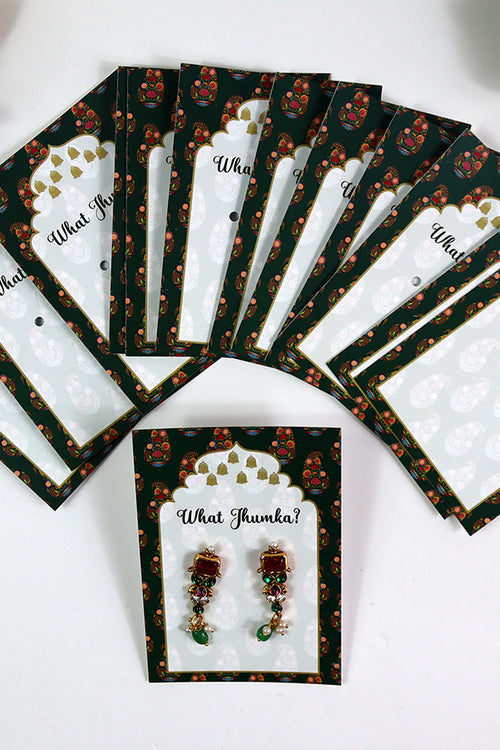 Load image into Gallery viewer, What Jhumka A7 Gift Cards | 133 Green | Marigold Mehndi Sangeet Favor | Jhumka Earring Holder Cards | Mehndi, Sangeet &amp; Wedding Favours

