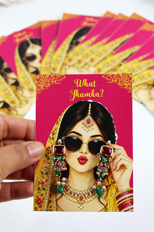 Load image into Gallery viewer, What Jhumka A7 Gift Cards | 103 Pink &amp; Yellow | Marigold Mehndi Sangeet Favor | Custom South Asian Wedding Gift Card | Bole Chudiyan Bangle
