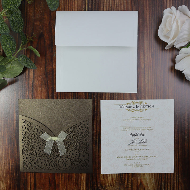 Coffee coloured Abstract Floral lasercut Pocket Invitation LC 1001