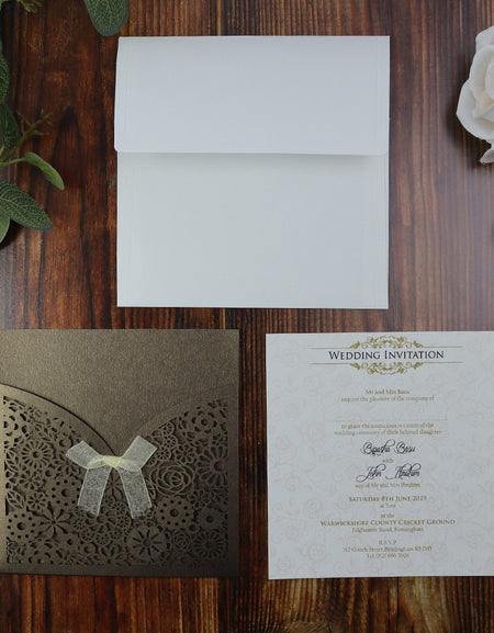 Coffee coloured Abstract Floral lasercut Pocket Invitation LC 1001