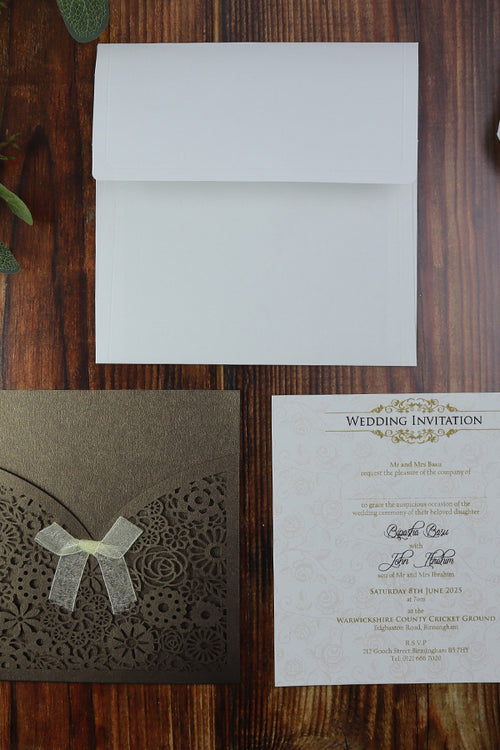 Load image into Gallery viewer, Coffee coloured Abstract Floral lasercut Pocket Invitation LC 1001
