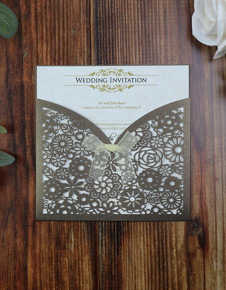 Coffee coloured Abstract Floral lasercut Pocket Invitation LC 1001
