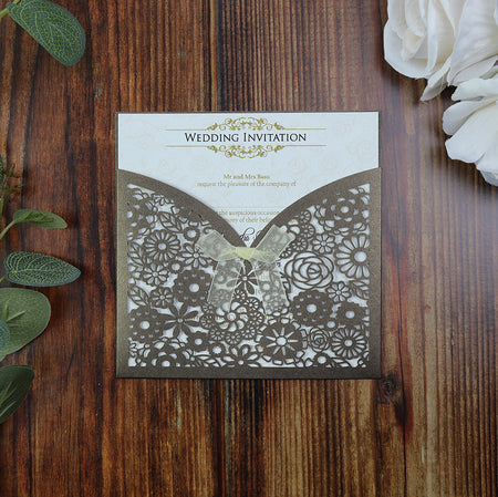 Coffee coloured Abstract Floral lasercut Pocket Invitation LC 1001