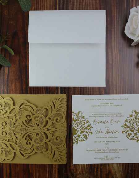 Extravagant Detailed Laser Cut Gold Gatefold Invitation LC 1006
