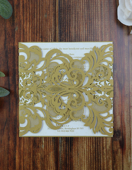 Extravagant Detailed Laser Cut Gold Gatefold Invitation LC 1006