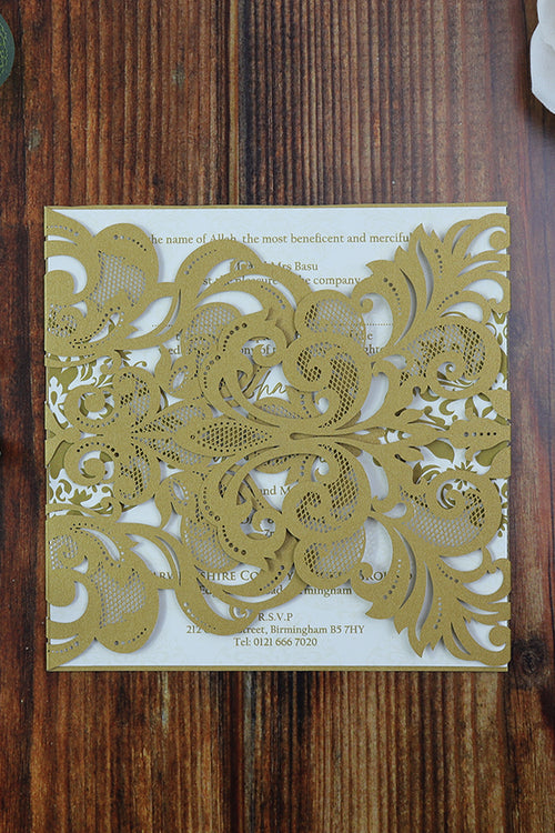 Load image into Gallery viewer, Extravagant Detailed Laser Cut Gold Gatefold Invitation LC 1006
