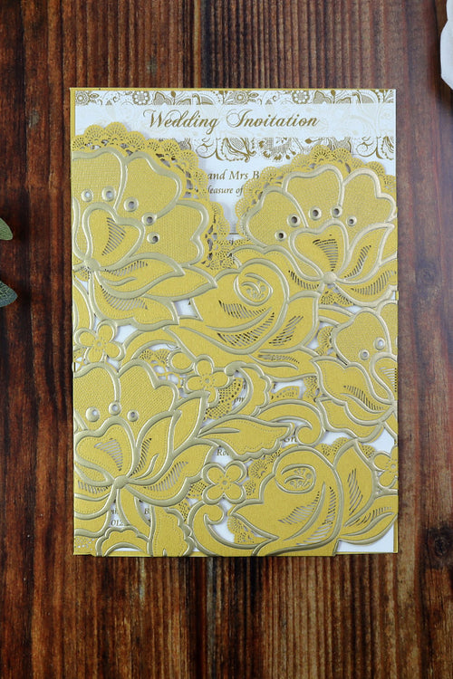Load image into Gallery viewer, Shiny Gold Rose flower laser cut pocket Invitation LC 1015
