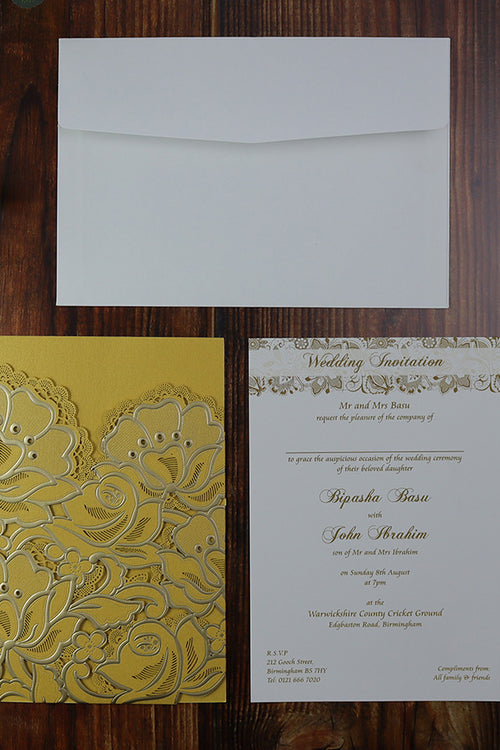 Load image into Gallery viewer, Shiny Gold Rose flower laser cut pocket Invitation LC 1015
