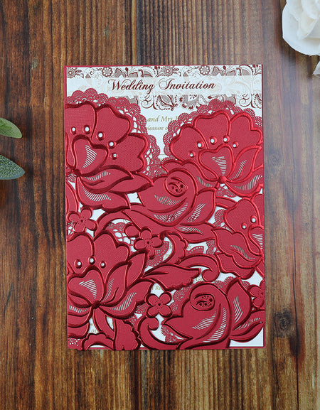 Close-up of the Shiny Red Rose Laser Cut Wedding Invitation, featuring intricate laser-cut roses with embossed and foiled details.