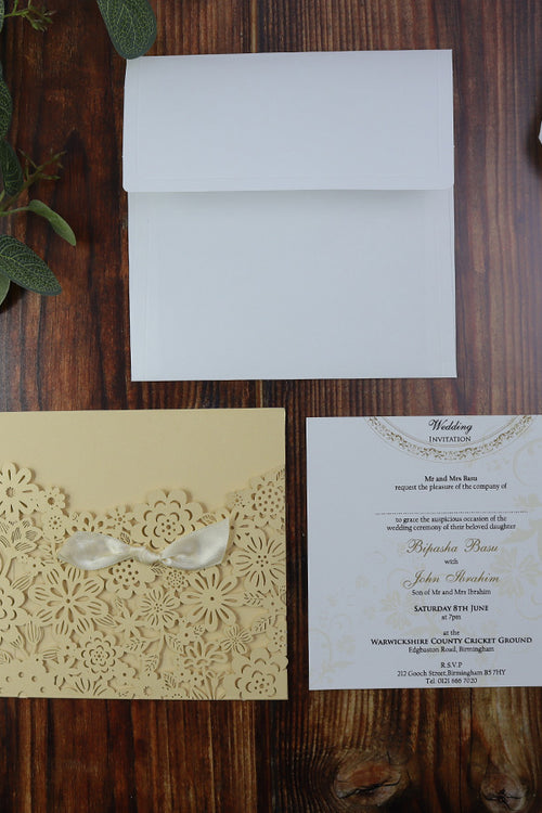 Load image into Gallery viewer, LC 1018 Cream Floral Daisies Laser Cut Pocket Invitation

