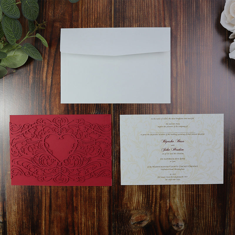 Red Lace Heart Laser Cut Invitation LC 1030
